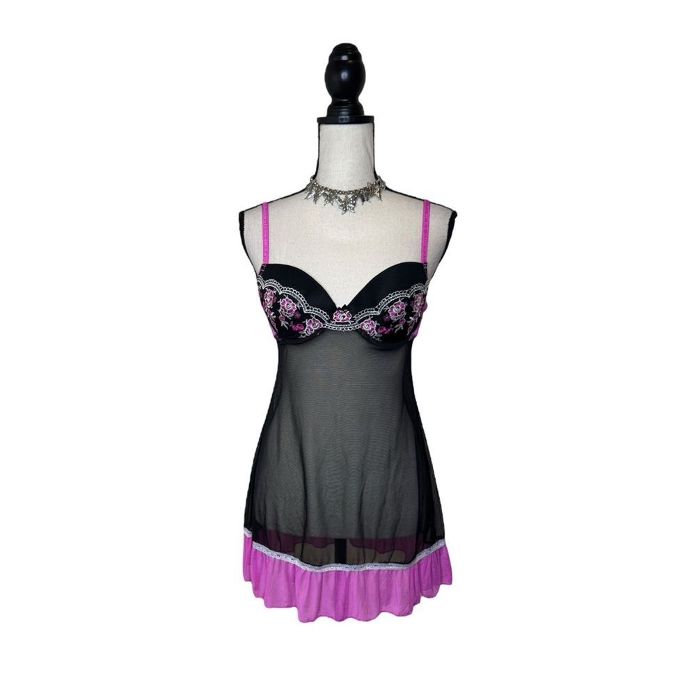 Y2K Peri Lei Babydoll Slip Dress Large Black + Pink Mesh Floral Lace Size Large